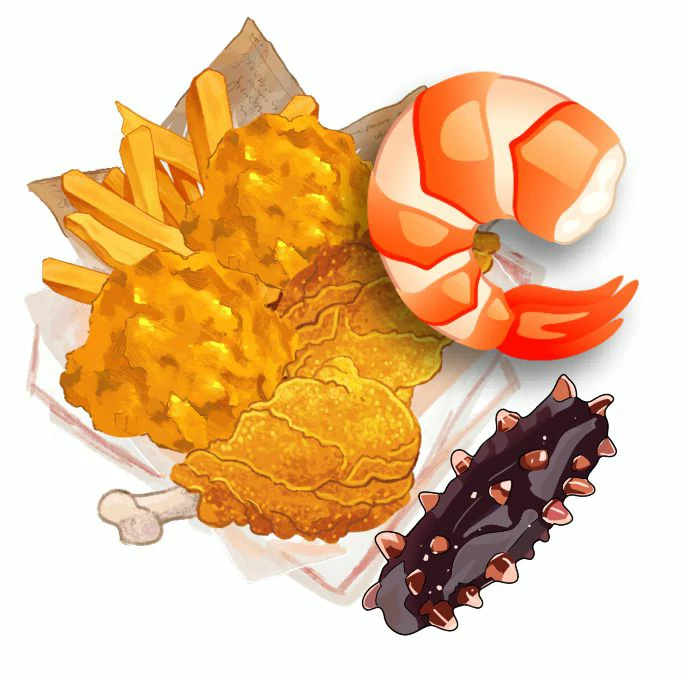 Морепродукты и жареная еда